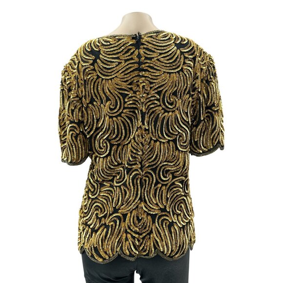 Vintage Royal Feelings Gold Beaded Sequin Blouse Silk Blend Short Sleeve Women L - Picture 2 of 10